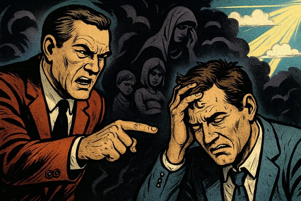 Comic book style illustration depicting a scene from Job 22
