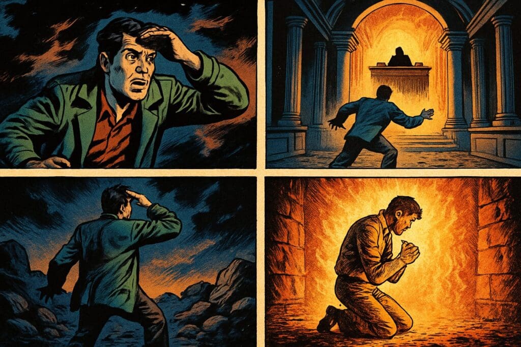 Comic book style illustration depicting a scene from Job 23