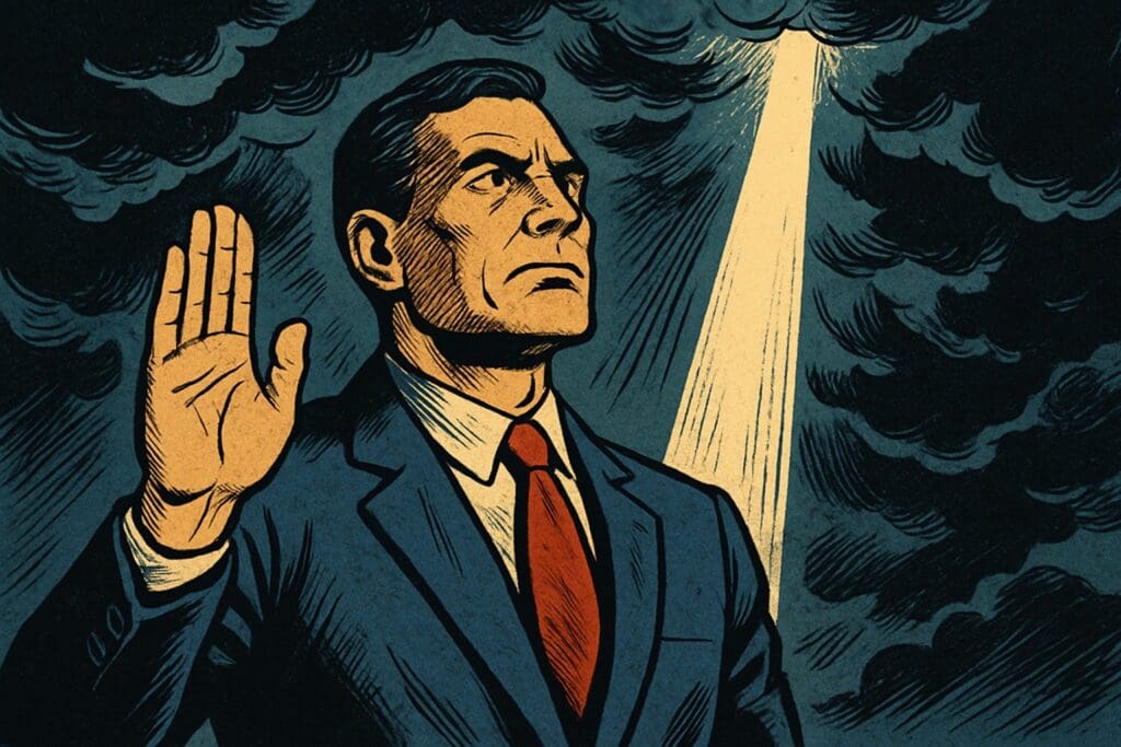 Comic book style illustration depicting a scene from Job 27