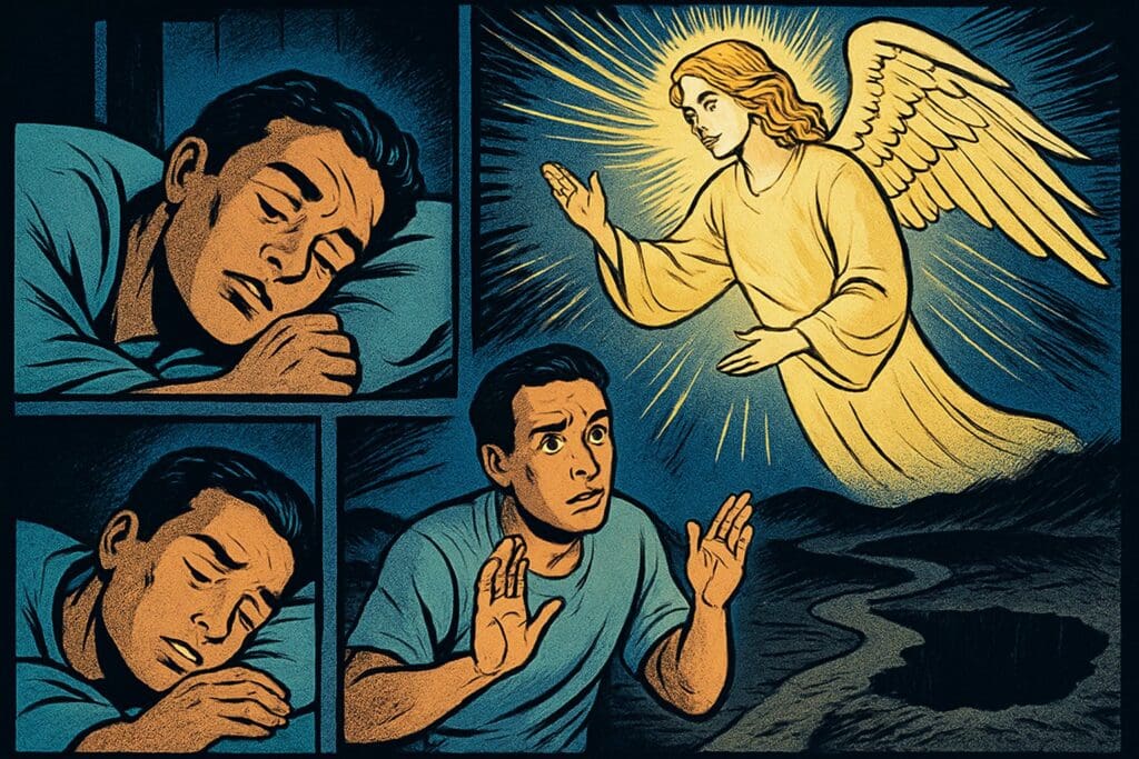 Comic book style illustration depicting a scene from Job 33