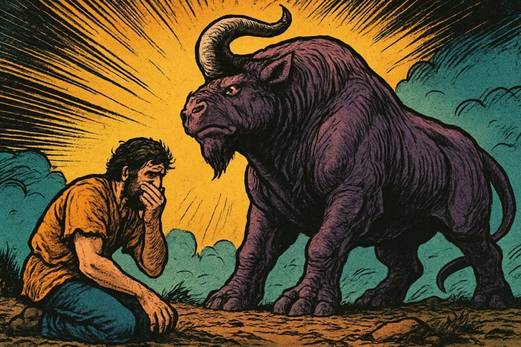 Comic book style illustration depicting a scene from Job 40