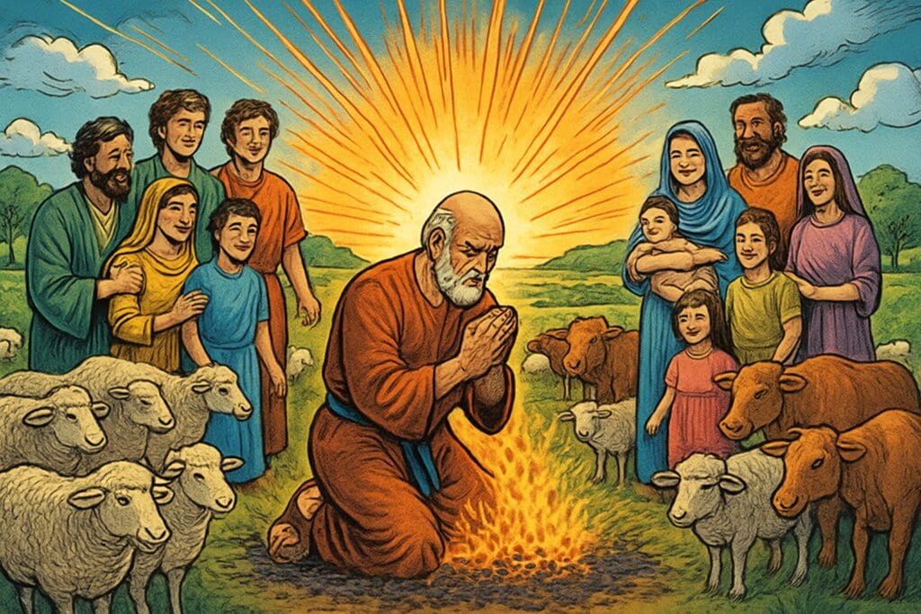 Comic book style illustration depicting a scene from Job 42