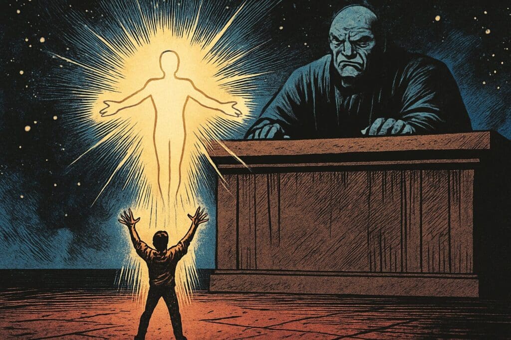 Comic book style illustration depicting a scene from Job 9