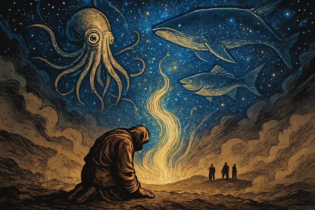 Comic book style illustration of a humbled figure kneeling in ashes beneath a radiant cosmic whirlwind, representing the book of Job