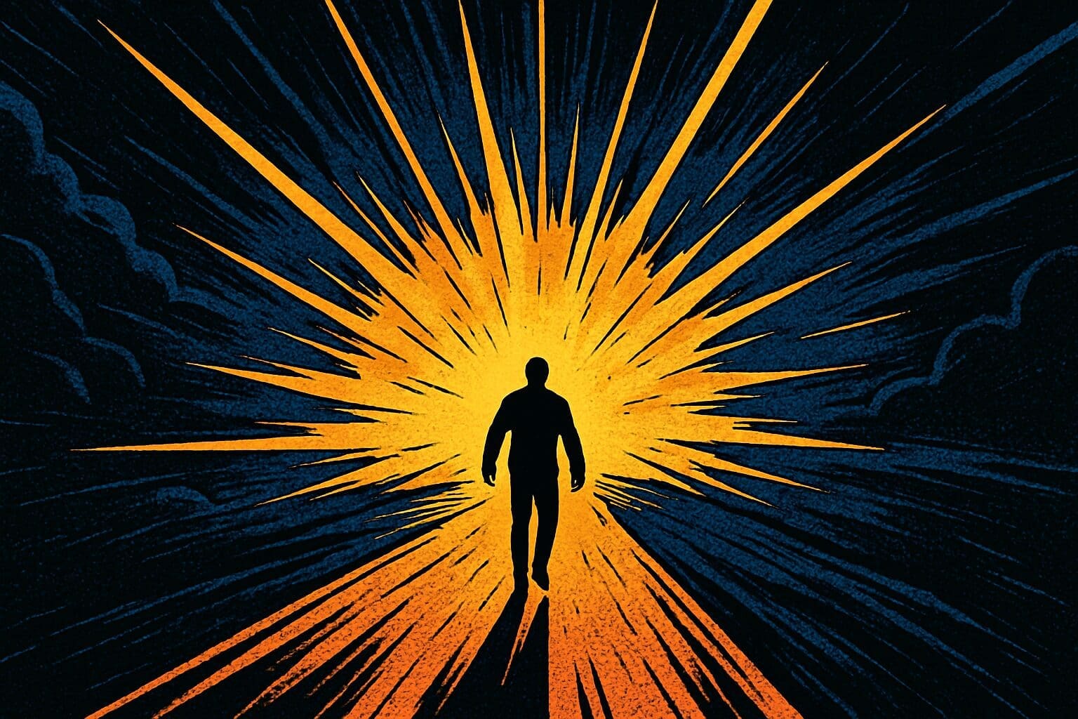 Comic book style illustration of radiant light breaking through darkness with a figure walking toward it