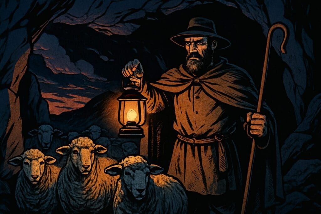 Comic book style illustration depicting a scene from John chapter 10