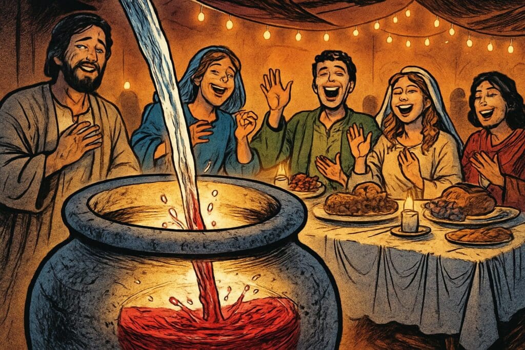 Comic book style illustration depicting a scene from John chapter 2