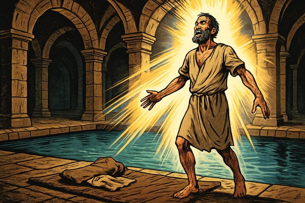 Comic book style illustration depicting a scene from John chapter 5