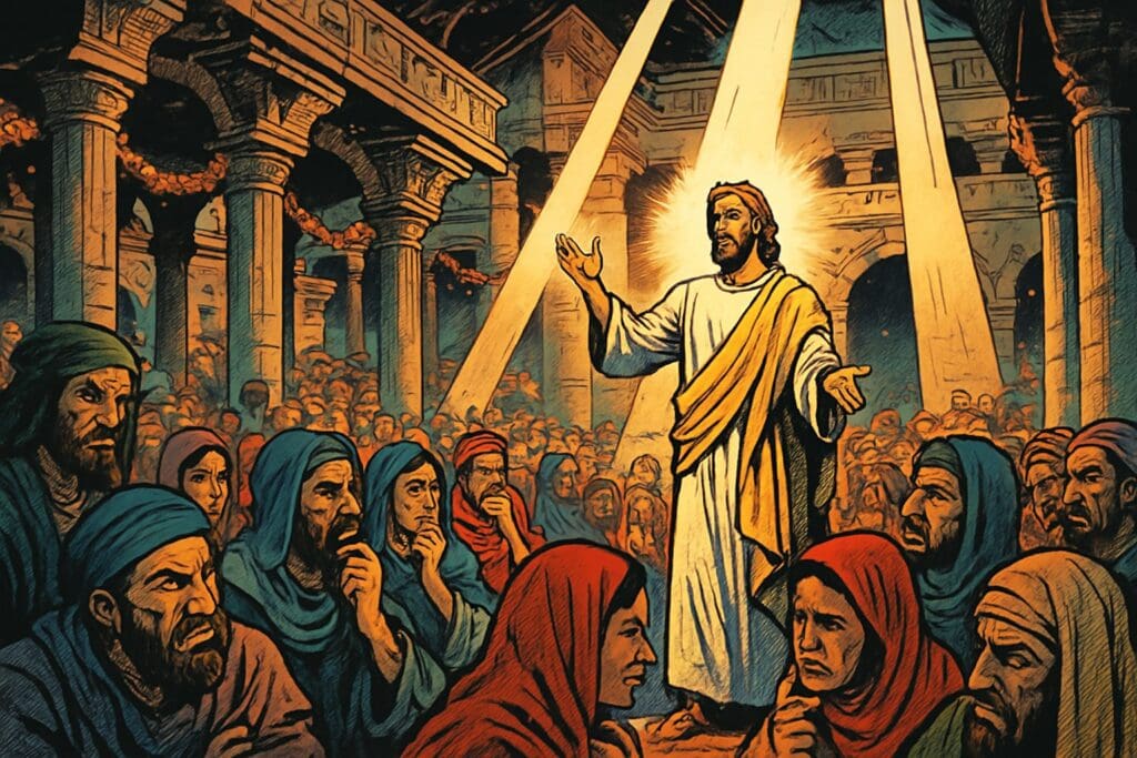 Comic book style illustration depicting a scene from John chapter 7