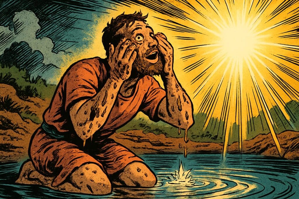 Comic book style illustration depicting a scene from John chapter 9
