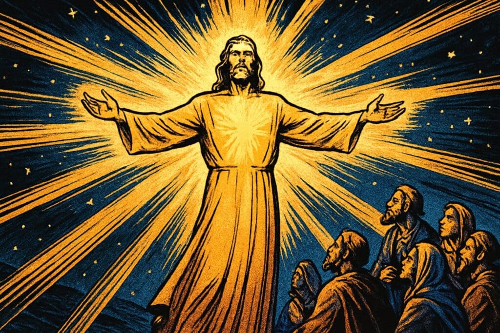 Comic book style illustration of a radiant glowing figure at the center of a starry night sky