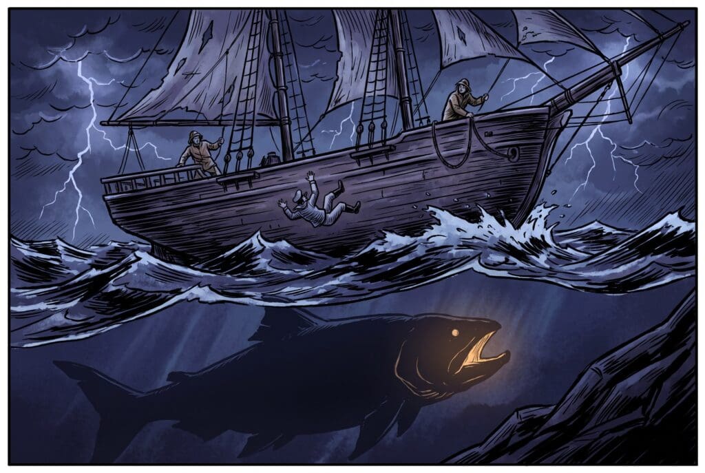 Comic book style illustration representing the book of Jonah