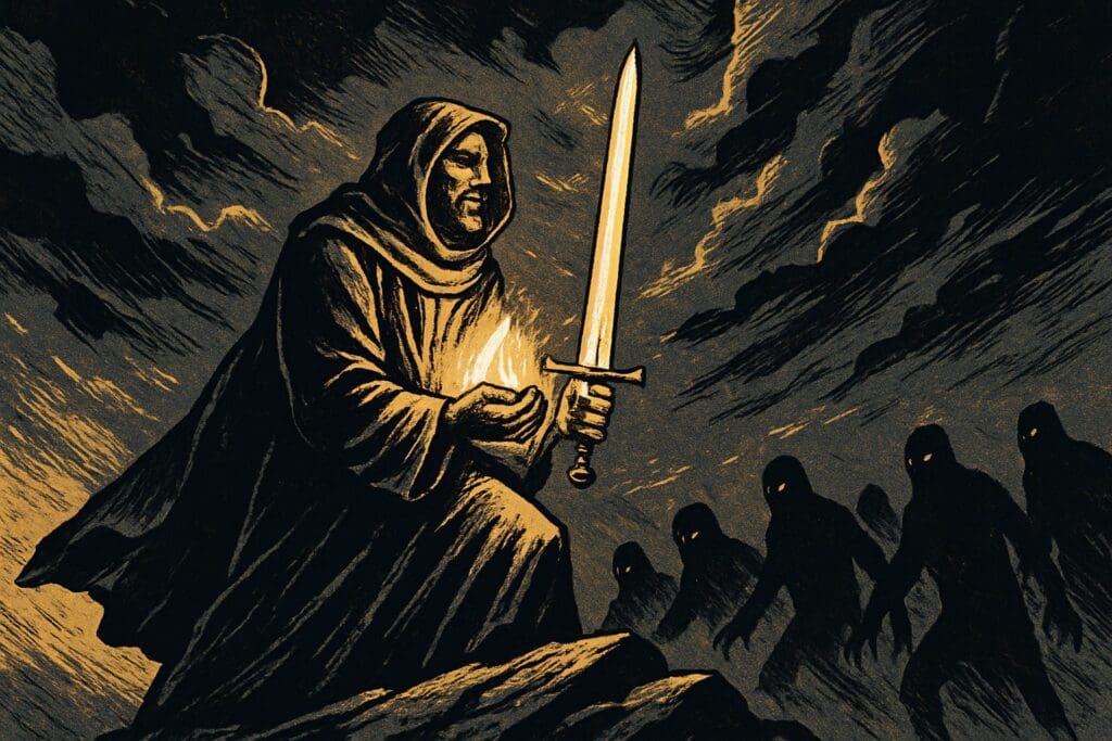 Comic book style illustration of a watchful figure guarding a small steady flame against a stormy sky, symbolizing contending for the faith