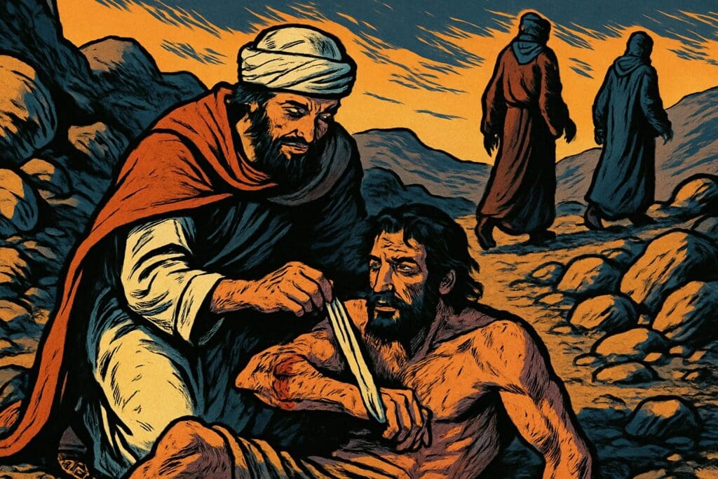 Comic book style illustration for Luke 10