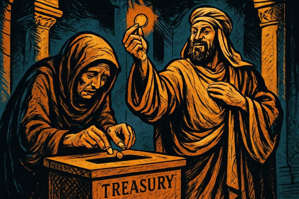 Comic book style illustration for Luke 21
