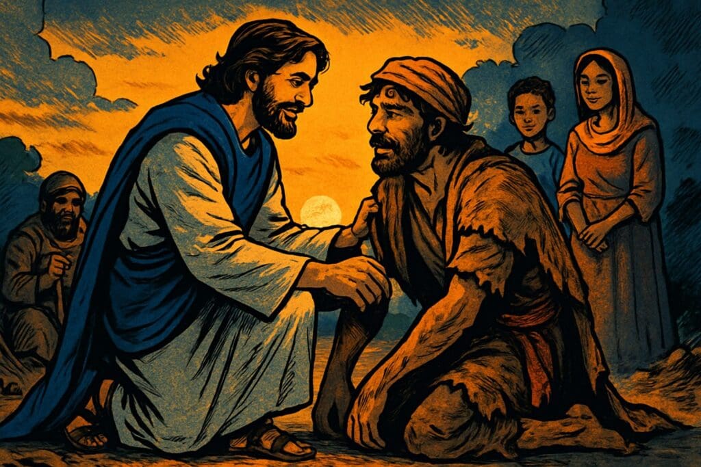 Comic book style illustration of a healer lifting up a humble traveler with onlookers watching warmly