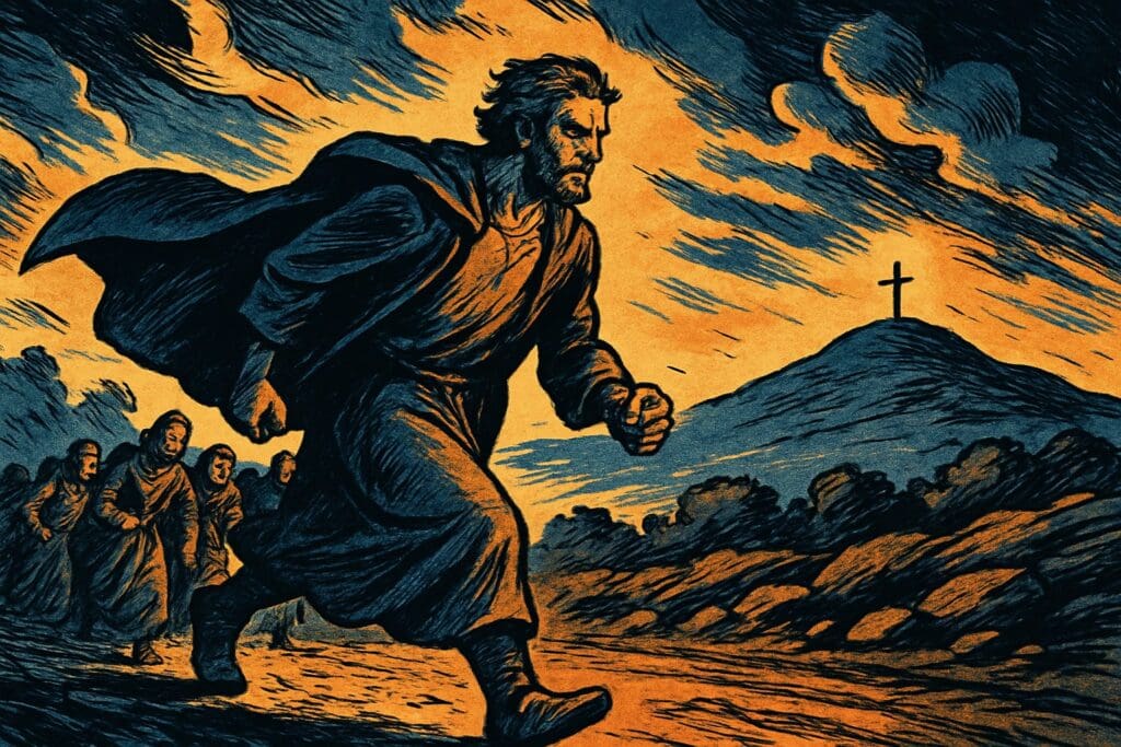 Comic book style illustration of a figure striding purposefully along a road with a crowd hurrying to keep pace