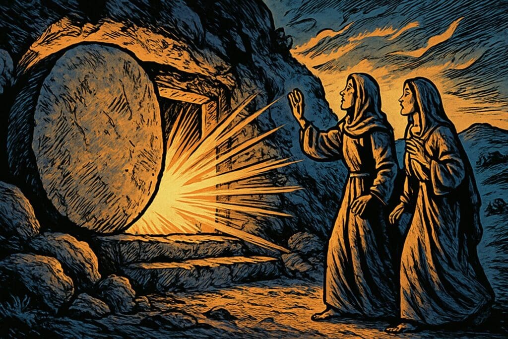 Comic book style illustration for Matthew 28