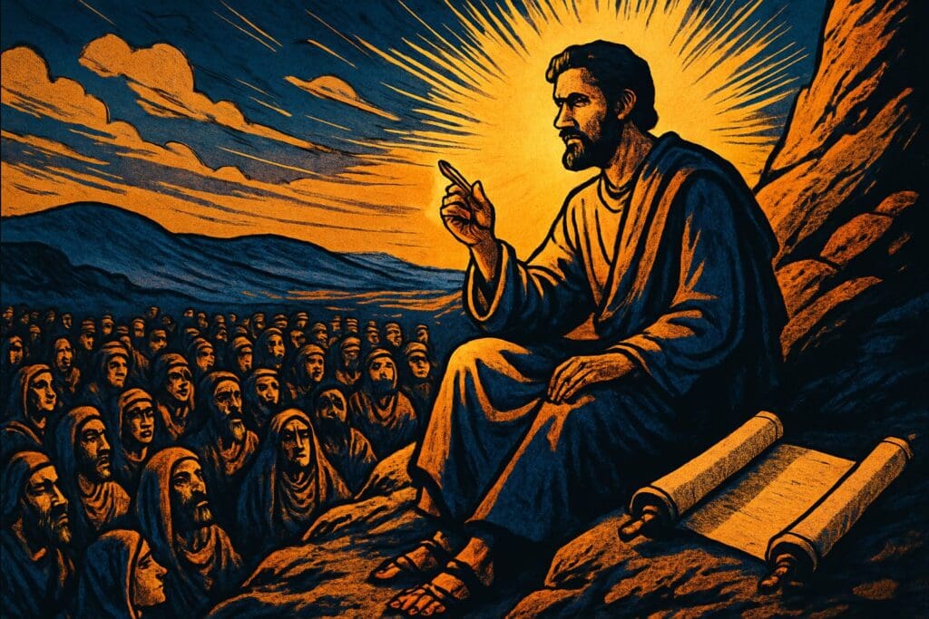 Comic book style illustration of a teacher on a hillside with a crowd gathered to listen