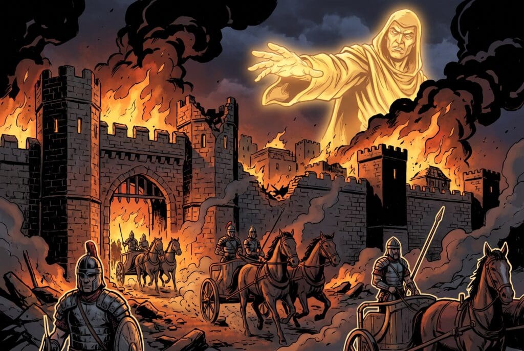 Comic book style illustration representing the book of Nahum