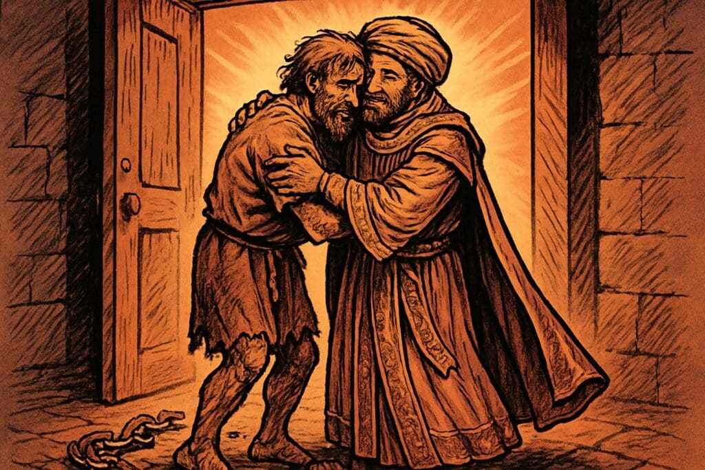 Comic book style illustration of two figures embracing in reconciliation with broken chains at their feet, representing the book of Philemon