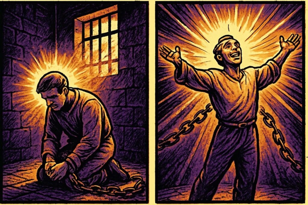 Comic book style illustration of a figure kneeling in humility rising into exalted light beside open prison chains, symbolizing joy and Christ's humility