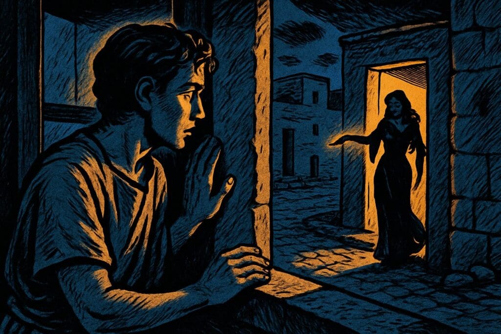 Comic book style illustration for Proverbs 7