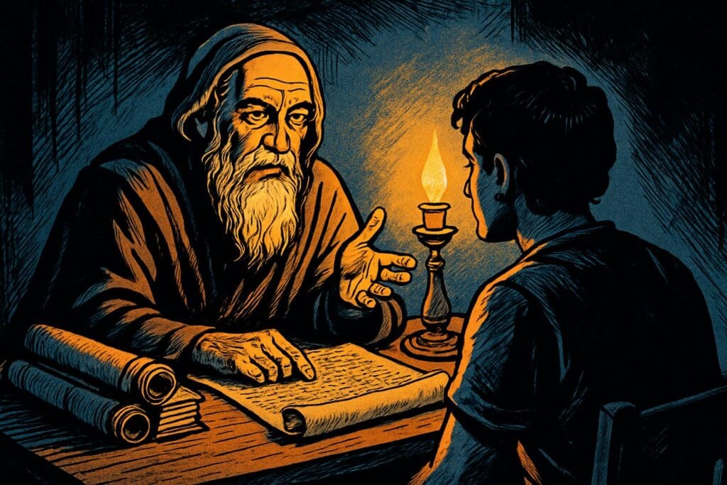 Comic book style illustration of a wise teacher instructing a listener by lamplight