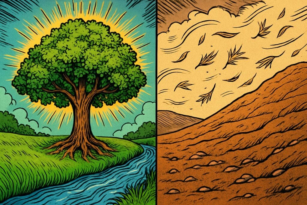 Comic book style illustration depicting a scene from Psalm 1