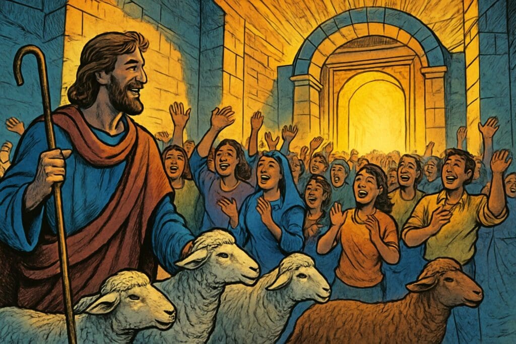 Comic book style illustration depicting a scene from Psalm 100