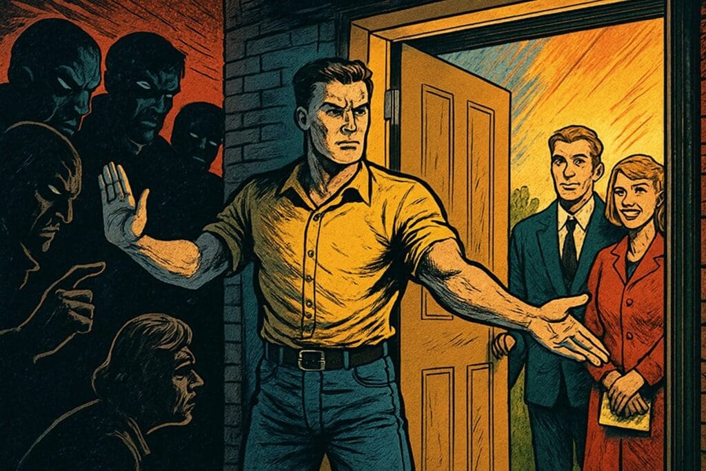 Comic book style illustration depicting a scene from Psalm 101
