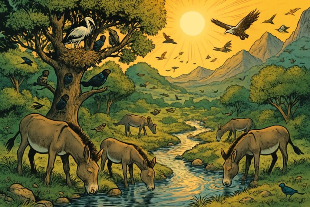 Comic book style illustration depicting a scene from Psalm 104