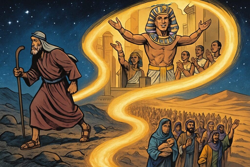 Comic book style illustration depicting a scene from Psalm 105