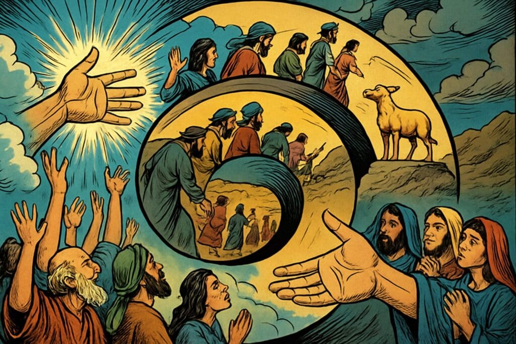 Comic book style illustration depicting a scene from Psalm 106