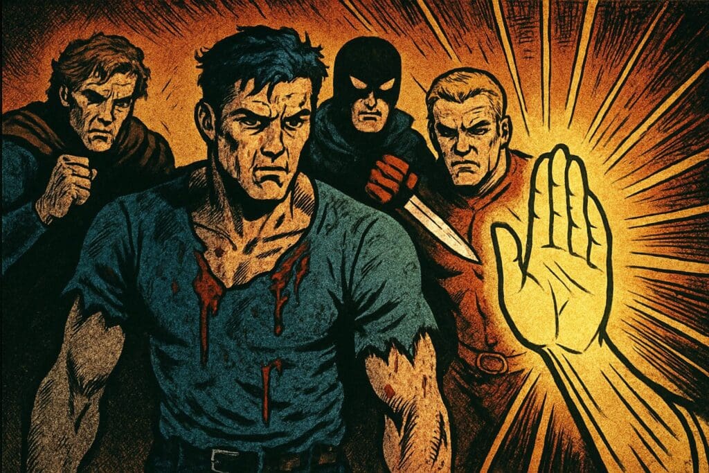 Comic book style illustration depicting a scene from Psalm 109