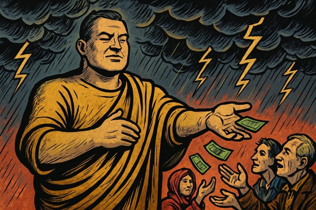 Comic book style illustration depicting a scene from Psalm 112