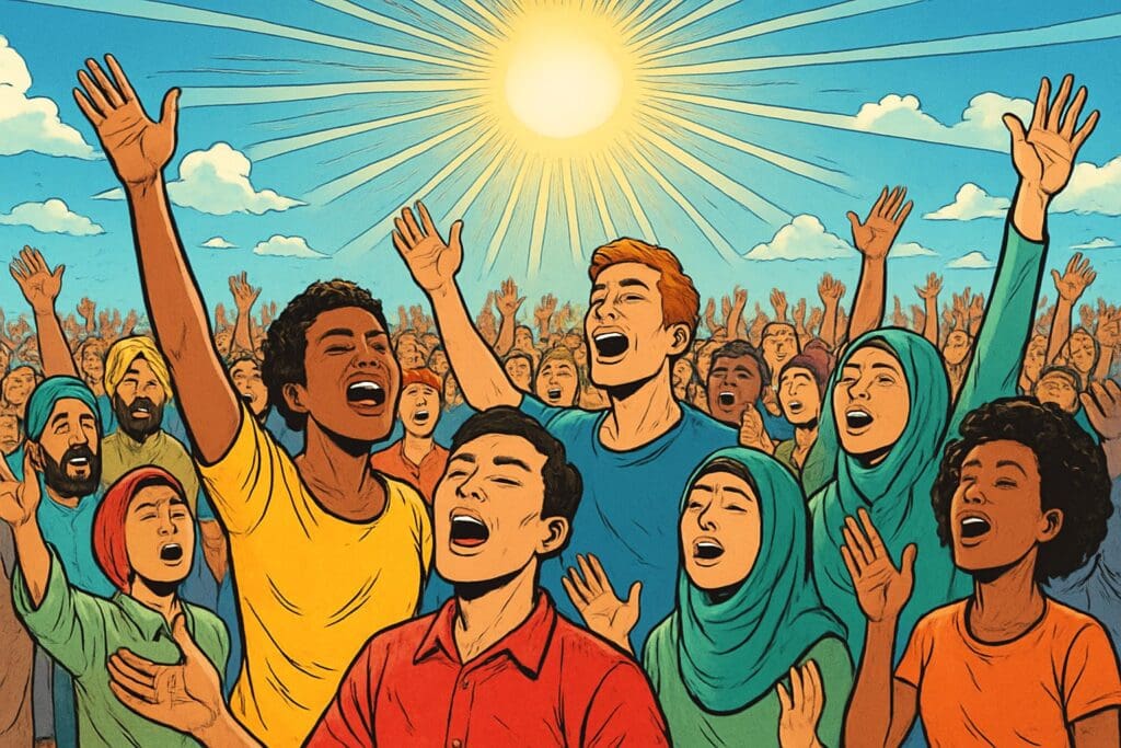 Comic book style illustration depicting a scene from Psalm 117
