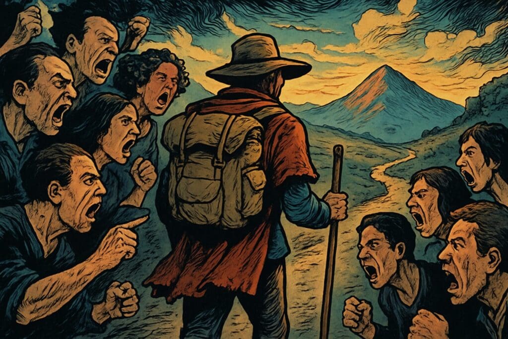 Comic book style illustration depicting a scene from Psalm 120