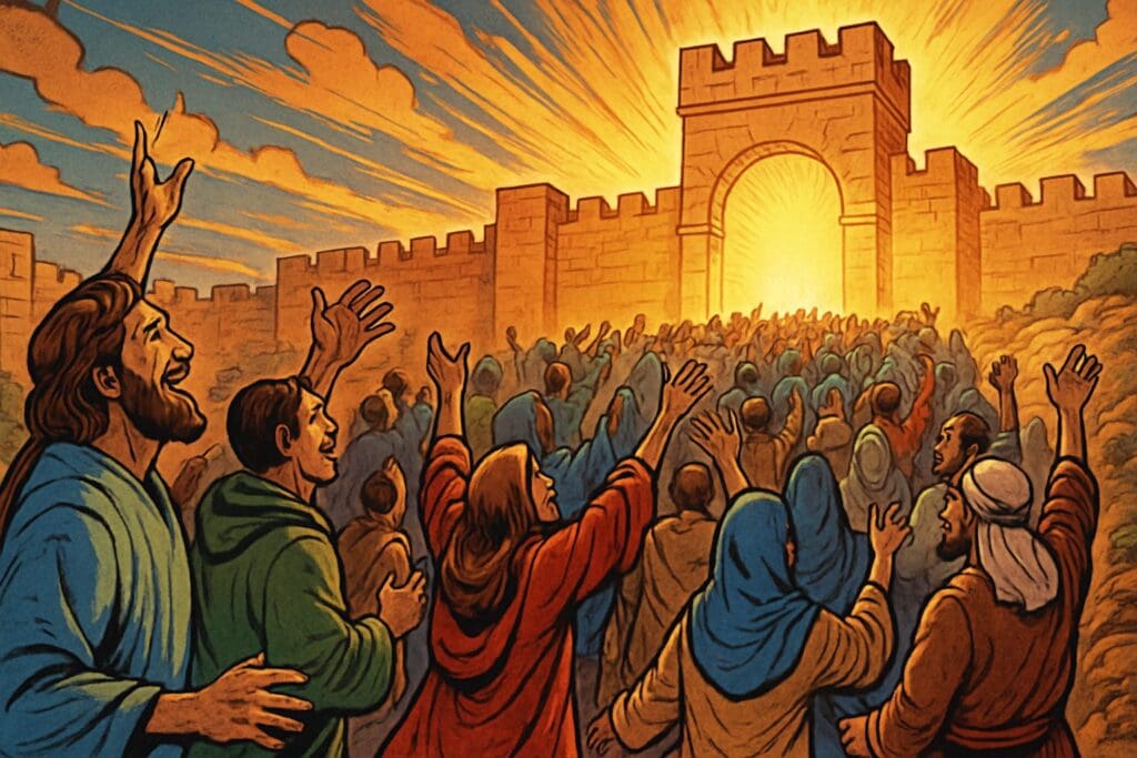 Comic book style illustration depicting a scene from Psalm 122