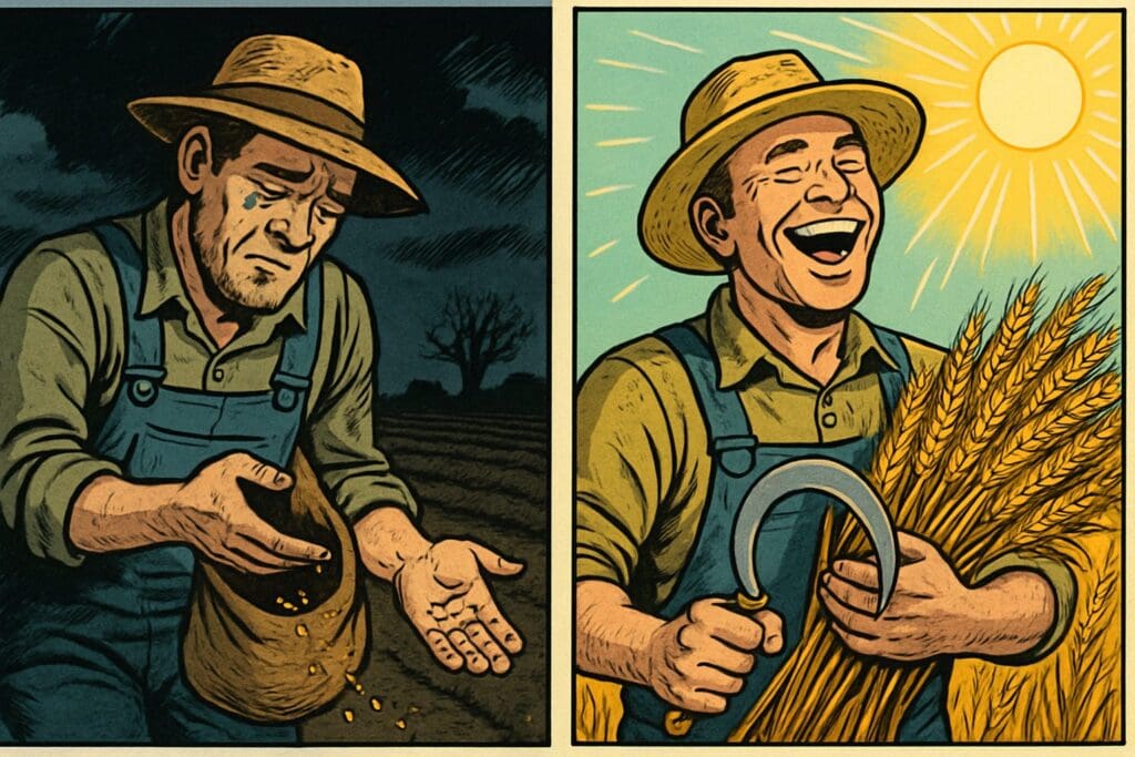 Comic book style illustration depicting a scene from Psalm 126