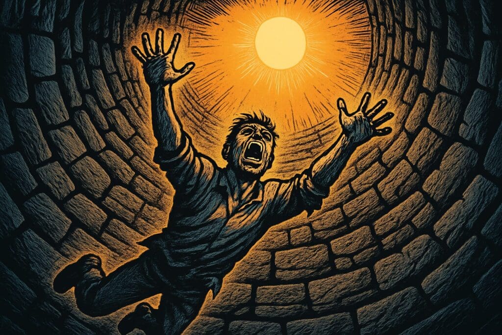 Comic book style illustration depicting a scene from Psalm 130