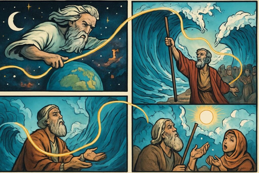 Comic book style illustration depicting a scene from Psalm 136