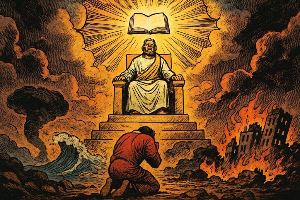 Comic book style illustration depicting a scene from Psalm 138