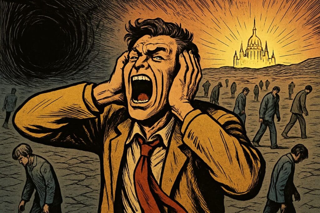 Comic book style illustration depicting a scene from Psalm 14