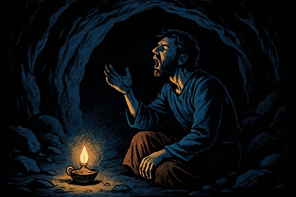 Comic book style illustration depicting a scene from Psalm 142