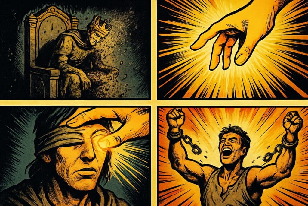 Comic book style illustration depicting a scene from Psalm 146