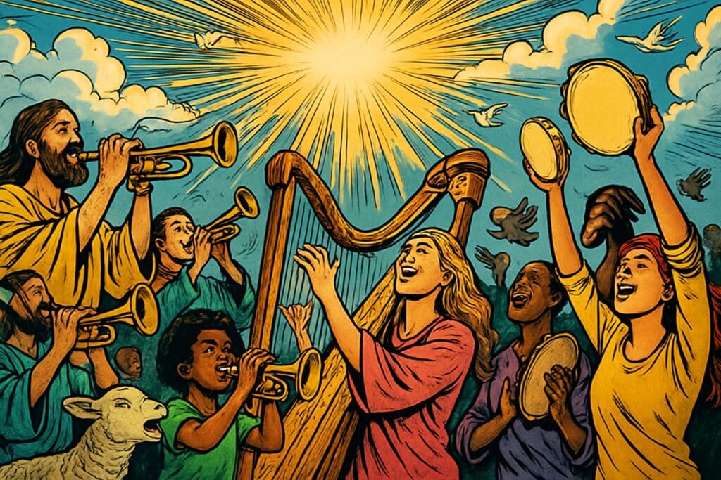 Comic book style illustration depicting a scene from Psalm 150