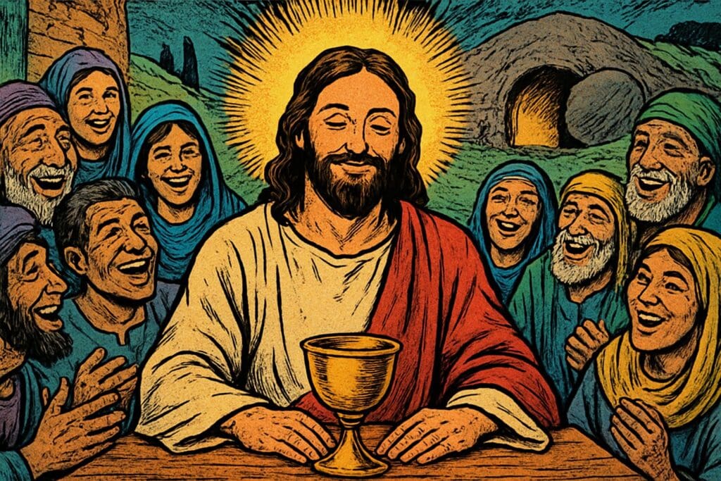 Comic book style illustration depicting a scene from Psalm 16