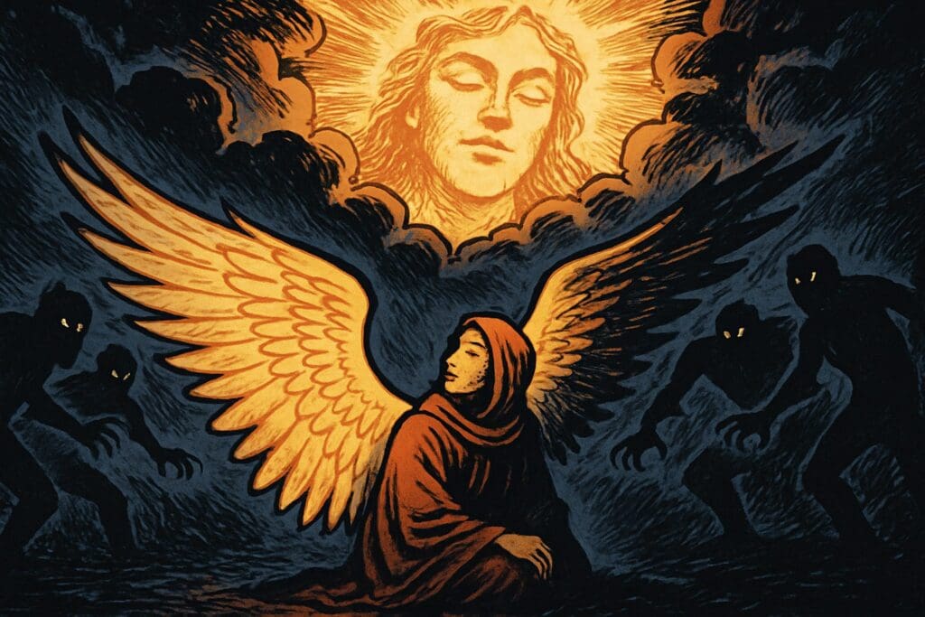 Comic book style illustration depicting a scene from Psalm 17