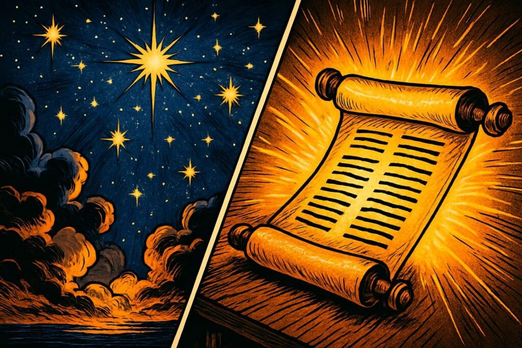 Comic book style illustration depicting a scene from Psalm 19